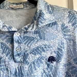 Peter Millar Polo Shirt Men’s Size Large Blue/White Tropical Palm Hawaiian Golf